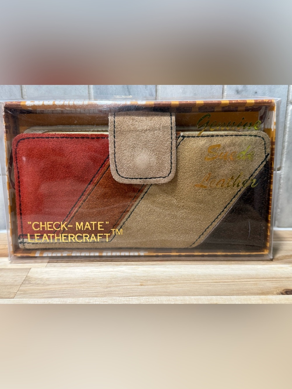 Vintage 70s Check-Mate Colorblock Suede Leather Clutch Wallet New In Box